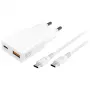 AC įkroviklis mobiliesiems įrenginiams 4smarts 541509 — 100–240V, USB-A + USB-C, 1,5 m laidas, greitas įkrovimas, baltas