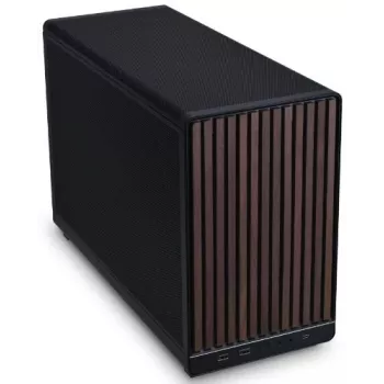 PC korpusas Lian Li A3-mATX Micro Tower — Micro-ITX/Micro-ATX, medžio spalva ir juoda, palaiko ATX/SFX/SFX-L maitinimo blokus