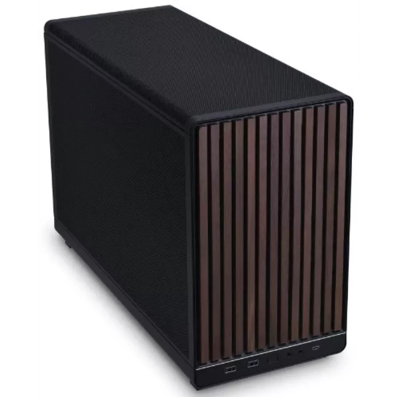 PC korpusas Lian Li A3-mATX Micro Tower — Micro-ITX/Micro-ATX, medžio spalva ir juoda, palaiko ATX/SFX/SFX-L maitinimo blokus