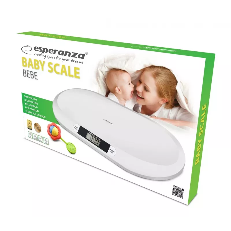Elektroninės kūdikių svarstyklės ESPERANZA EBS019 — talpa 0,03–20 kg, 0,01 kg padala, didelis 60×25 mm LCD, balta