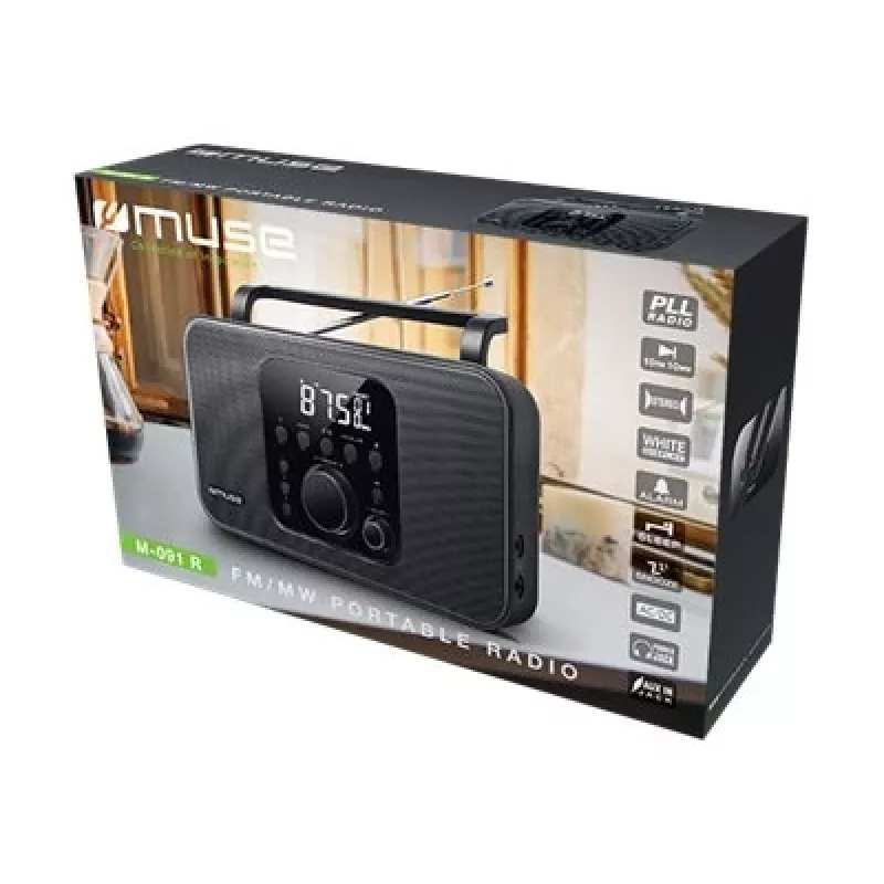 Nešiojamasis radijas Muse M-091 R — FM/AM, LCD ekranas, maitinimas iš kintamosios srovės arba AA/D baterijų, sukamoji garsumo reguliavimo rankenėlė, 1,1 kg, juodas