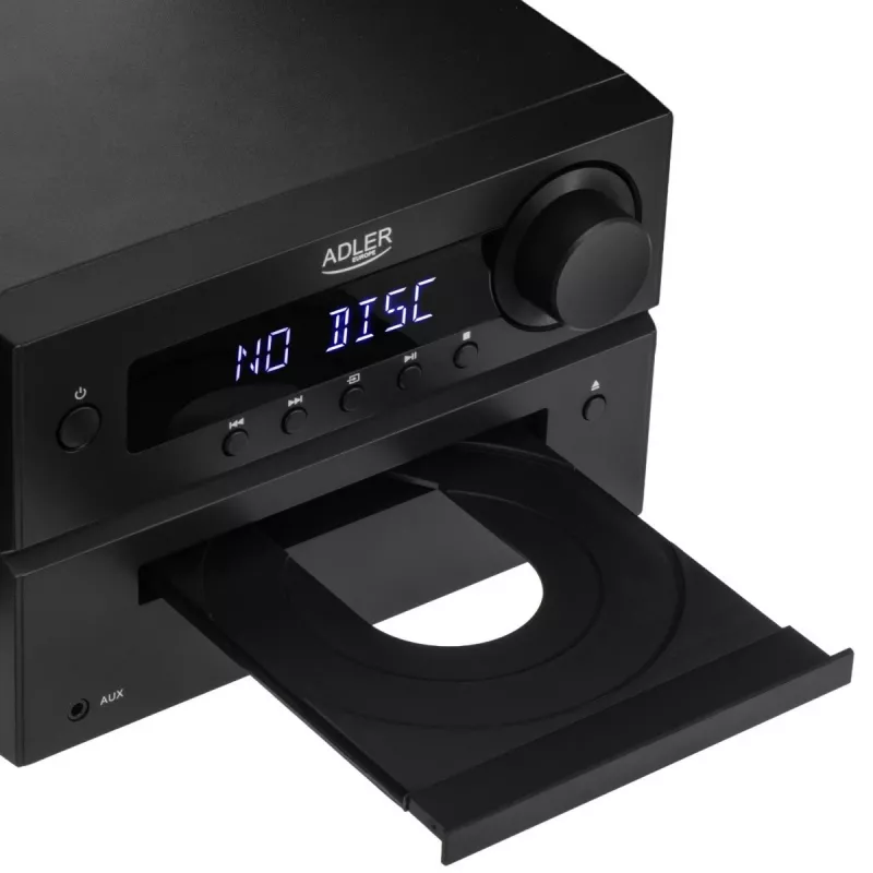 Mini Hi-Fi stereosistema Adler AD 1917 — Bluetooth V5.3, CD/USB/MP3, 2×25W RMS, FM imtuvas, 4 juostų ekvalaizeris, AUX, juoda