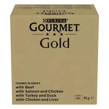 Šlapias kačių ėdalo daugiapaketis Purina Nestlé GOURMET Gold gabaliukai padaže — 96 x 85 g, 8,16 kg, 4 skonių mišinys
