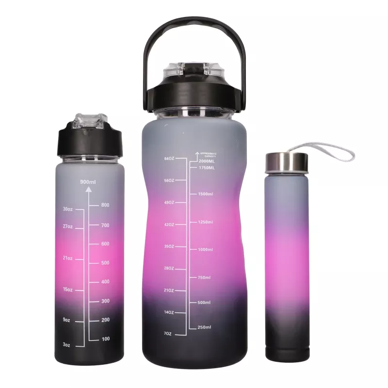 Extralink motyvacinė vandens buteliukų rinkinys 3W1 rožinė-juoda 2000ML+900ML+300ML