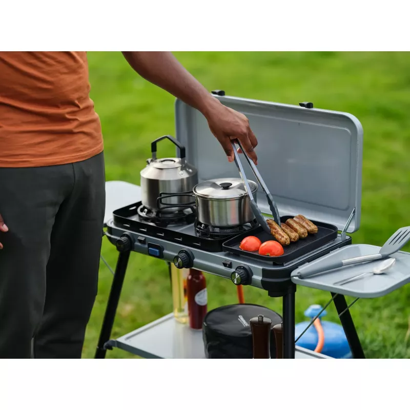Camping Kitchen 2 Multi Cook Plus, dujinė viryklė Pilka, 2 kaitvietės 2x1,8 kW + kepimo plokštė 0,9 kW, modelis 2025