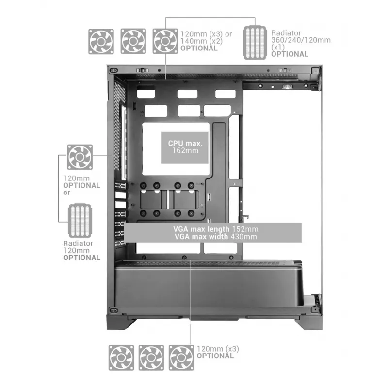 TACENS Mars Gaming MCPRISMA Midi Tower kompiuterio korpusas, juodas, grūdintas stiklas, palaiko ATX/Micro-ATX/Mini-ITX, 2x3,5 colių + 2x2,5 colių lizdai