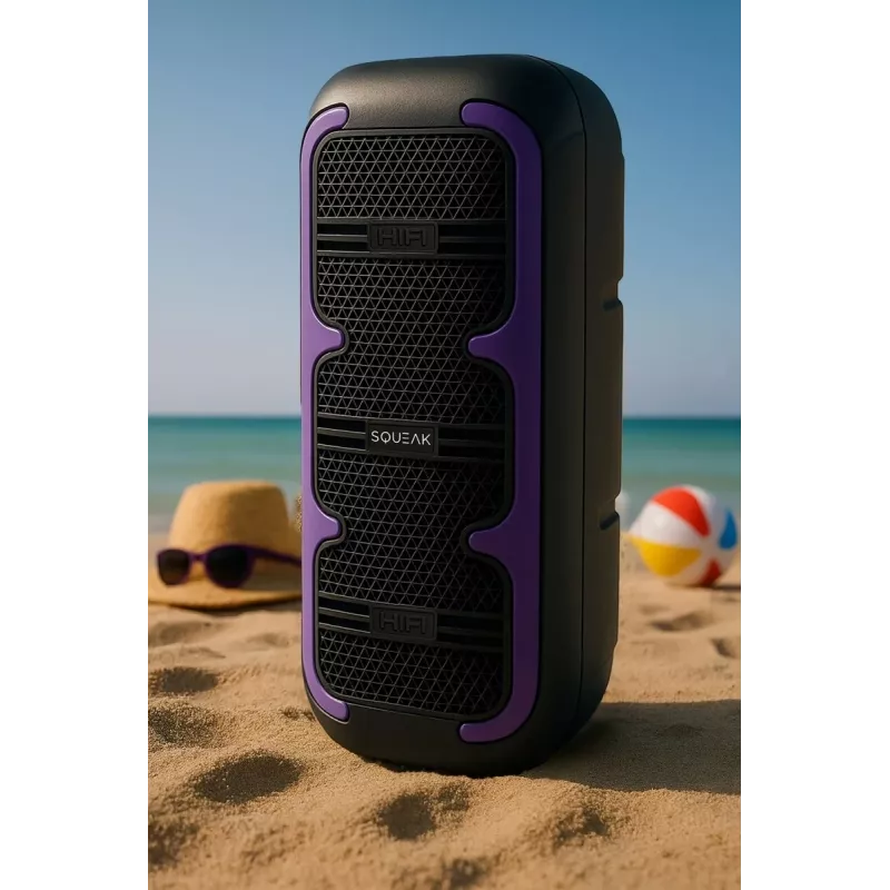 Nešiojamas stereofoninis garsiakalbis SQUEAK SQ1009 — Bluetooth 5.3, 45 W RMS, 10 val. baterija, FM, USB, AUX, LED, 1800 mAh, juodas