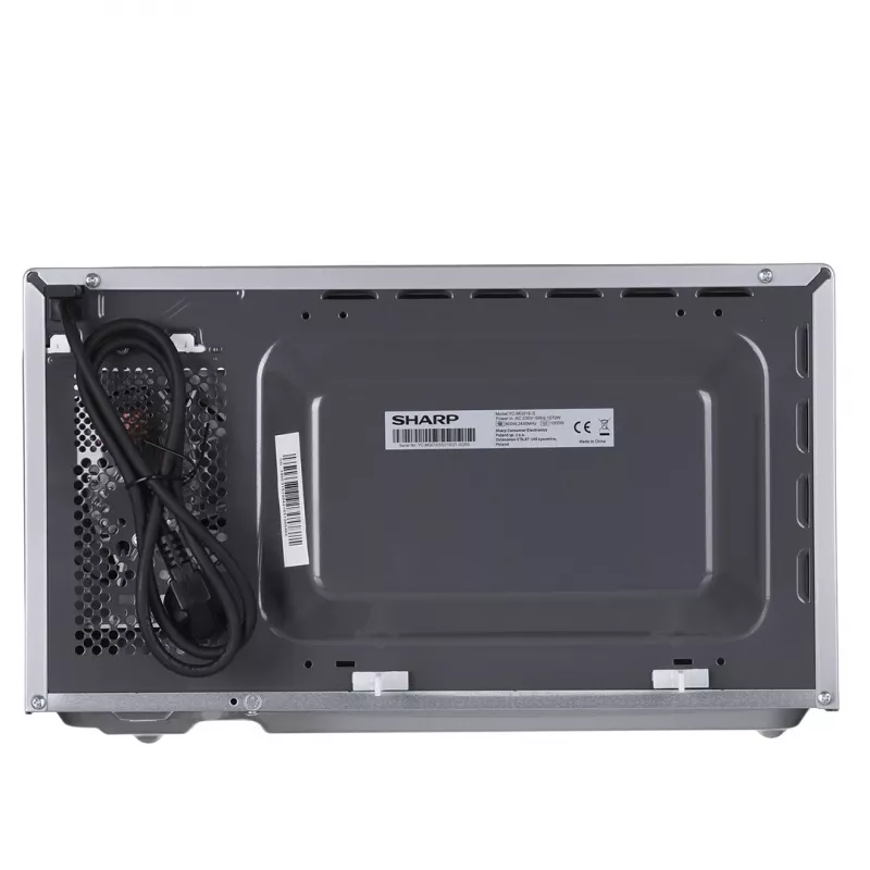 Kombinuota mikrobangų krosnelė Sharp YC-MG01E-S — 20 l, 800 W mikrobangų, 1000 W grilis, 5 galios lygiai, sukamoji valdymo rankenėlė, 25,5 cm sukamoji lėkštė