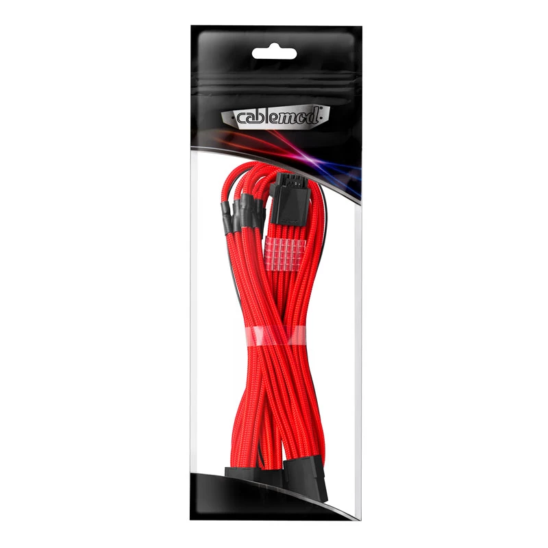 CableMod 12VHPWR į 3×PCIe ModMesh laidas 45 cm raudonas, skirtas PSU ir GPU jungtims