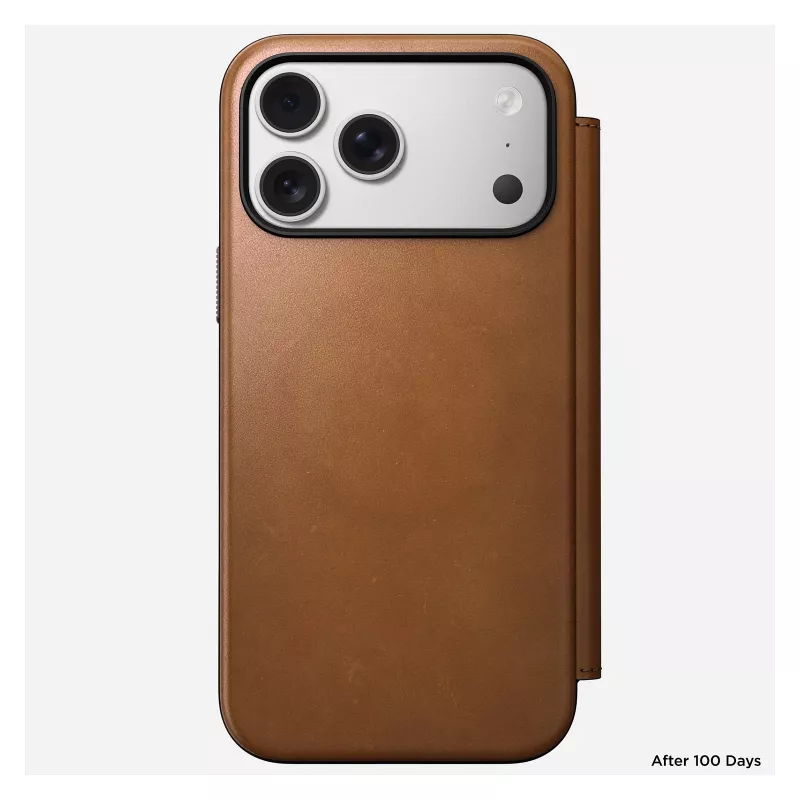 Mobiliojo telefono dėklas Nomad Modern Leather Folio, skirtas iPhone 17 Pro Max — ruda, tinka iki 17,5 cm (6,9 col.) ekranui, 4 kortelių kišenės