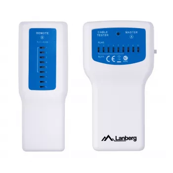 PoE testeris LANBERG NT-0402 — PoE tinklo kabelių testeris su RJ-45/RJ-11 palaikymu, LED indikatoriais, maitinimo LED, įjungimo/išjungimo jungikliu