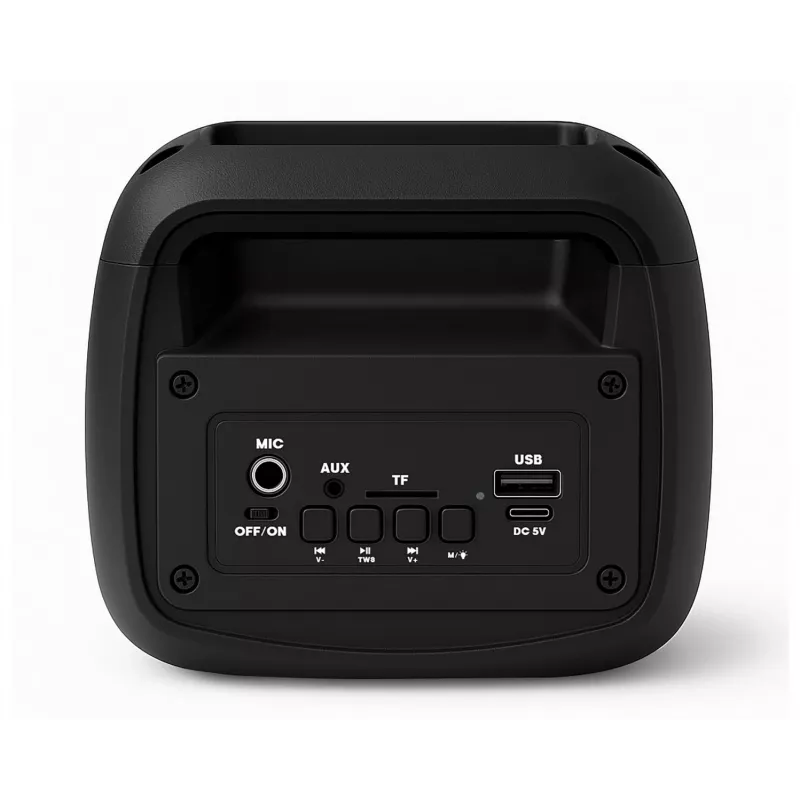 Nešiojamas stereofoninis garsiakalbis SQUEAK SQ1009 — Bluetooth 5.3, 45 W RMS, 10 val. baterija, FM, USB, AUX, LED, 1800 mAh, juodas