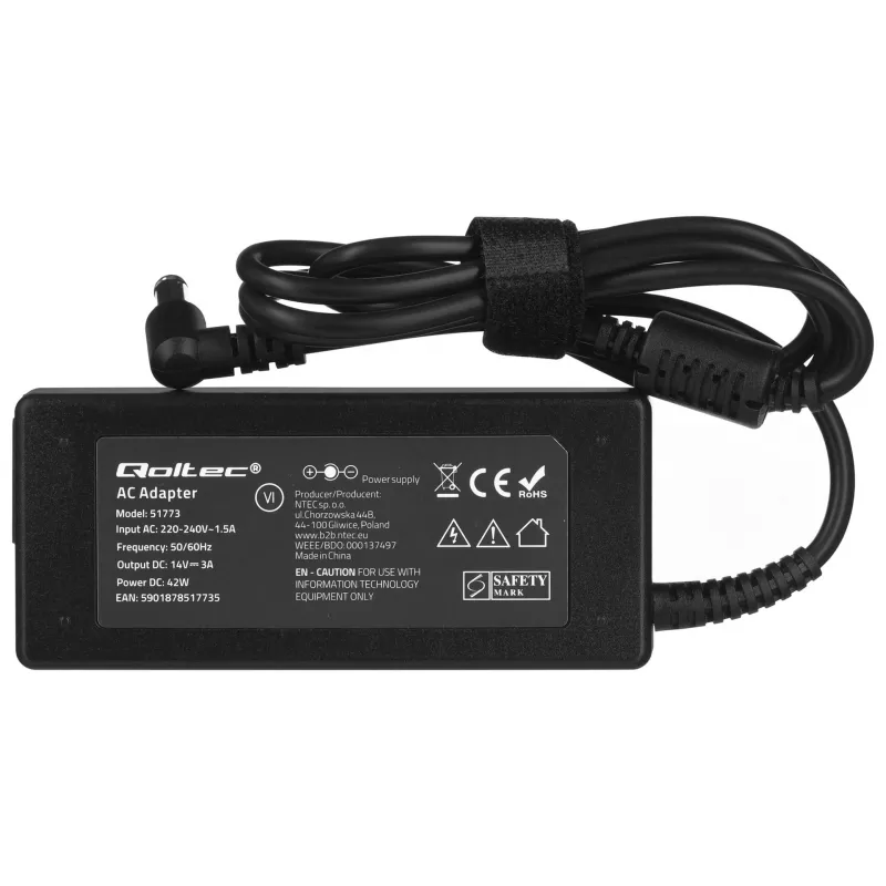 Mobiliojo įrenginio įkroviklis QOLTEC 51773, 42W, 14V 3A, įvestis 220–240V 50/60Hz, juodas, 1,19m laidas