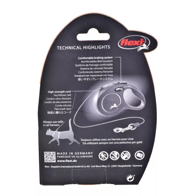 Ištraukiamas pavadėlis Flexi New Classic Cat XS 3 m — laido tipo pavadėlis mažiems augintiniams, juodas, maks. apkrova 8 kg