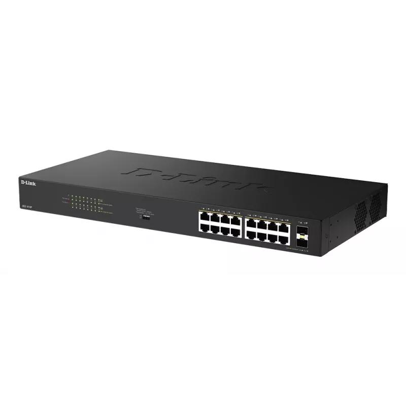 D-Link 18 prievadų Gigabit nevaldomas PoE komutatorius DGS-1018P/E — 16 x Gigabit RJ-45, PoE (IEEE 802.3af/at), 36 Gbit/s perjungimo talpa