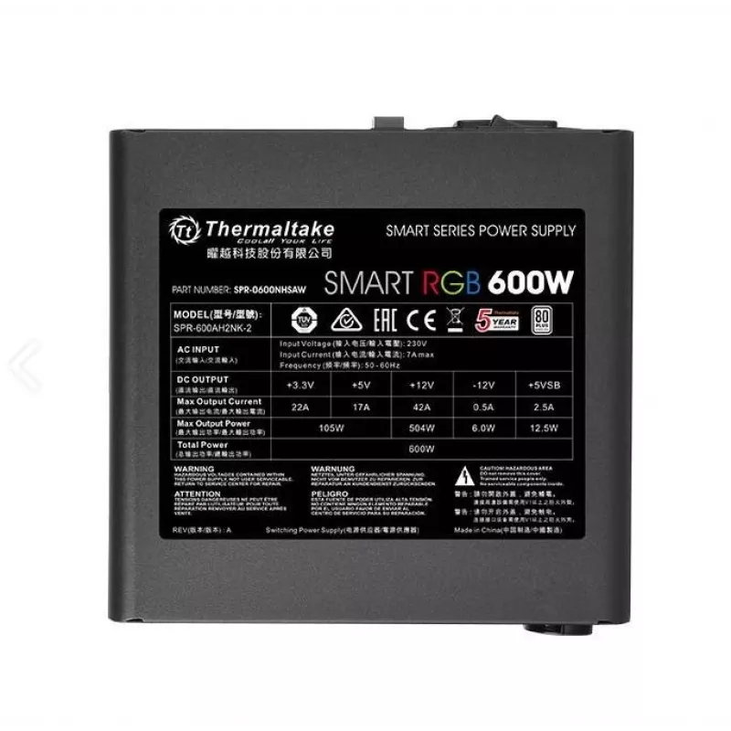 Thermaltake SMART RGB PS-SPR-0600NHSAWE-1 - Maitinimo blokas (vidinis) - ATX12V 2.3 - 80 PLUS - AC 230 V - 600 W - aktyvus PFC - juoda