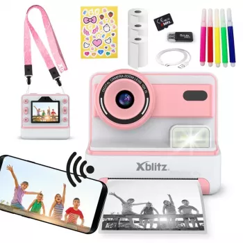 Momentinė kamera su terminiu spausdintuvu Xblitz FLASH PINK — kompaktiška kamera, 1980×1080 ekranas, 1200 mAh baterija, microSD skaitytuvas, USB-C