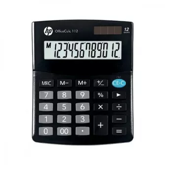 Stalinis skaičiuotuvas HP OC 112 — 12 skaitmenų LCD, baterija/saulės energija, juodas, 101×125×33 mm
