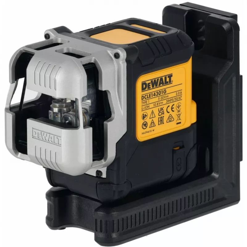 Belaidis daugialinijis lazeris DeWalt DCLE14301GB 3×180° kryžminių linijų, 18 V, žalios linijos, integruota Powerstack Li-Ion baterija