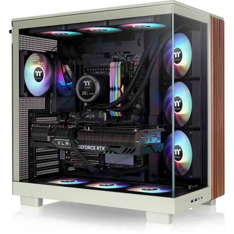 View 380 XL WS ARGB , Tower-Enclosure Light Green/Wood, Tempered Glass x 2, Wood Texture