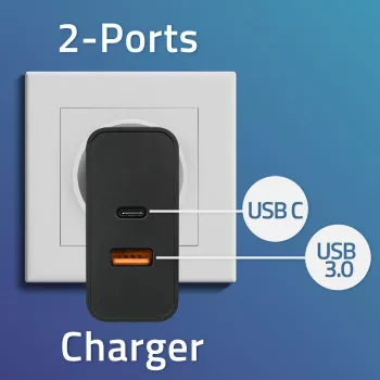 Qoltec 52381 Super Quick PD įkroviklis | 1xUSB-C | 1xUSB | 90W | 5-20V | 2.4-4.35A | Juodas
