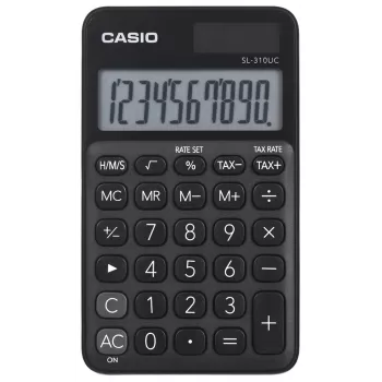 Pagrindinis skaičiuotuvas CASIO SL-310UC-BK — 10 skaitmenų, baterija/saulės energija, mokesčių ir pelno funkcijos, kišeninis dydis (70×118×8,4 mm), juodas