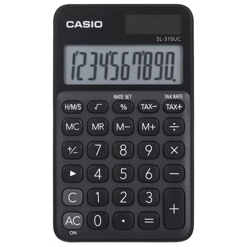 Pagrindinis skaičiuotuvas CASIO SL-310UC-BK — 10 skaitmenų, baterija/saulės energija, mokesčių ir pelno funkcijos, kišeninis dydis (70×118×8,4 mm), juodas