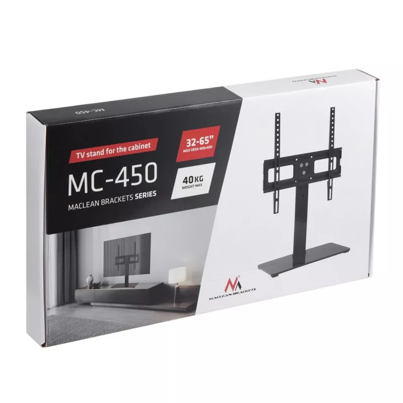 TV stovas MACLEAN MC-450 32–65 colių televizoriams, maks. apkrova 40 kg, VESA iki 400×400, stalinis / ant stalo