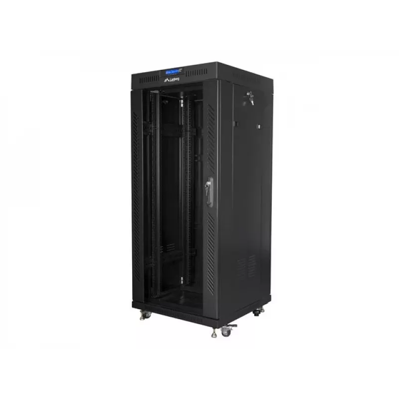 LANBERG FF01-6627-12BL laisvai pastatoma spinta 19 colių 27U 600x600 mm stiklinėmis durelėmis, 800 kg talpa