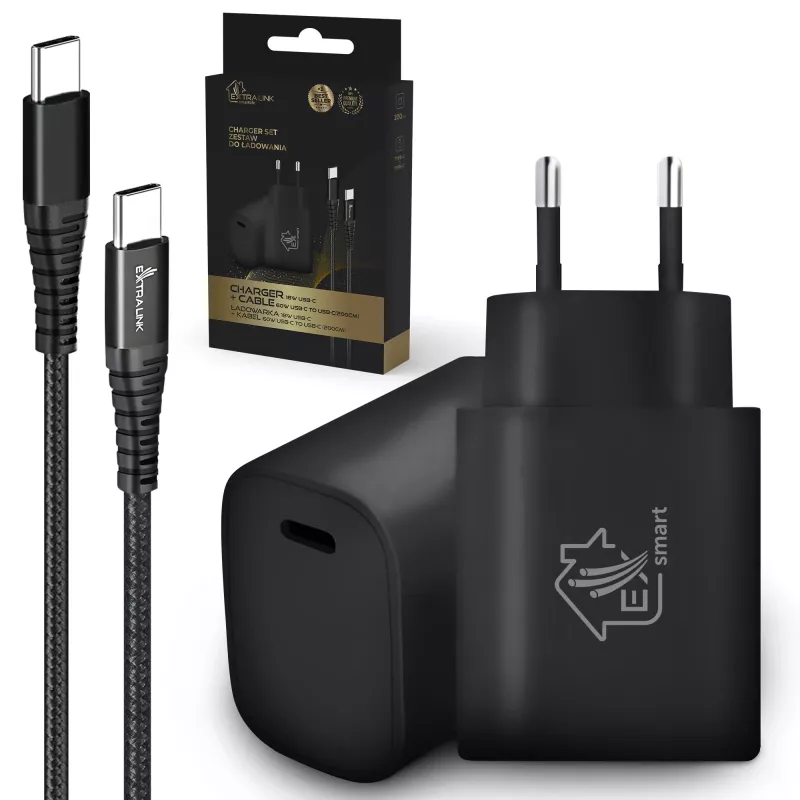 Smart Life USB Type-C į Type-C rinkinys, 200 cm, juodas + 18 W PD3.0 įkroviklis, juodas