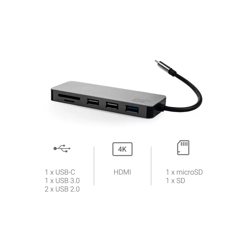 Green Cell AK50 - USB 3.2 Gen 1 (3.1 Gen 1) Type-C - USB 2.0 - USB 3.2 Gen 1 (3.1 Gen 1) Type-A - USB 3.2 Gen 1 (3.1 Gen 1) Type-C - MicroSD (TransFlash) - SD - Sidabrinė - Apple MacB