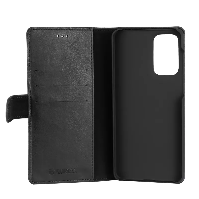 Piniginės tipo dėklas Krusell Galaxy A73 5G 17 cm juodas 3 kortelių kišenės