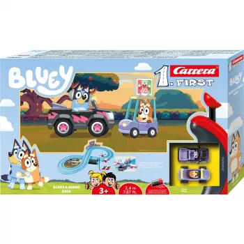 Lenktynių trasa CARRERA FIRST Bluey & Bingo lenktynės vaikams – slotinių automobilių pradinis rinkinys