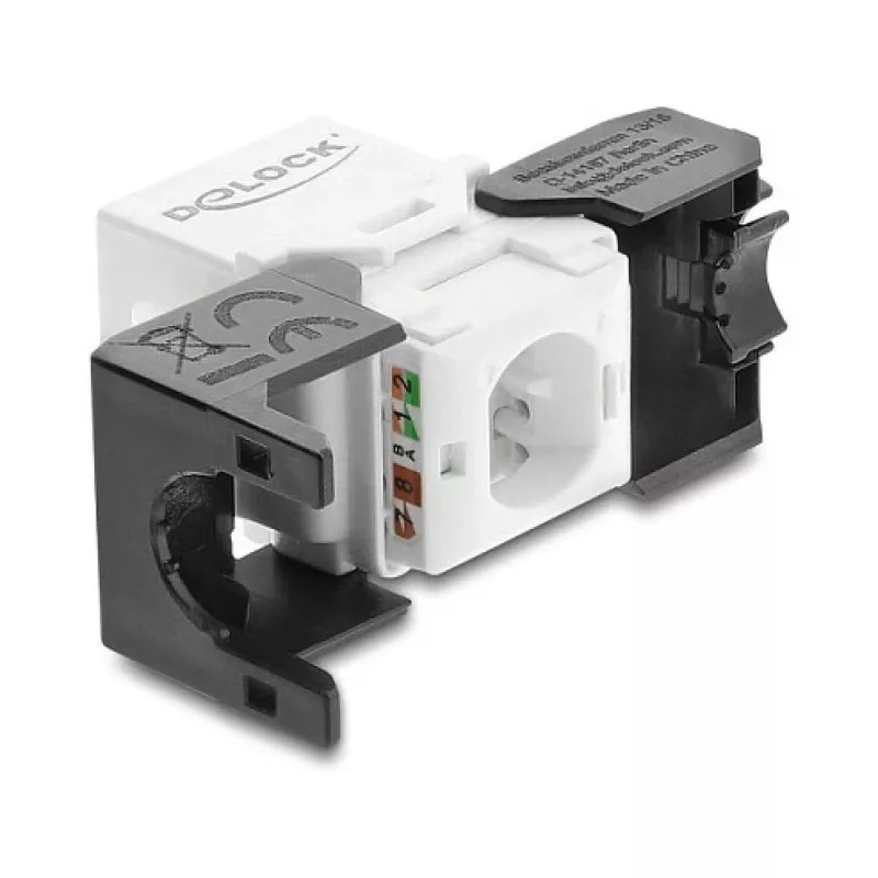 Keystone modulis DELOCK RJ45 į LSA Cat.6 UTP, be įrankių, plokščia konstrukcija, 16,2×28,2×19,4 mm, juoda/baltas