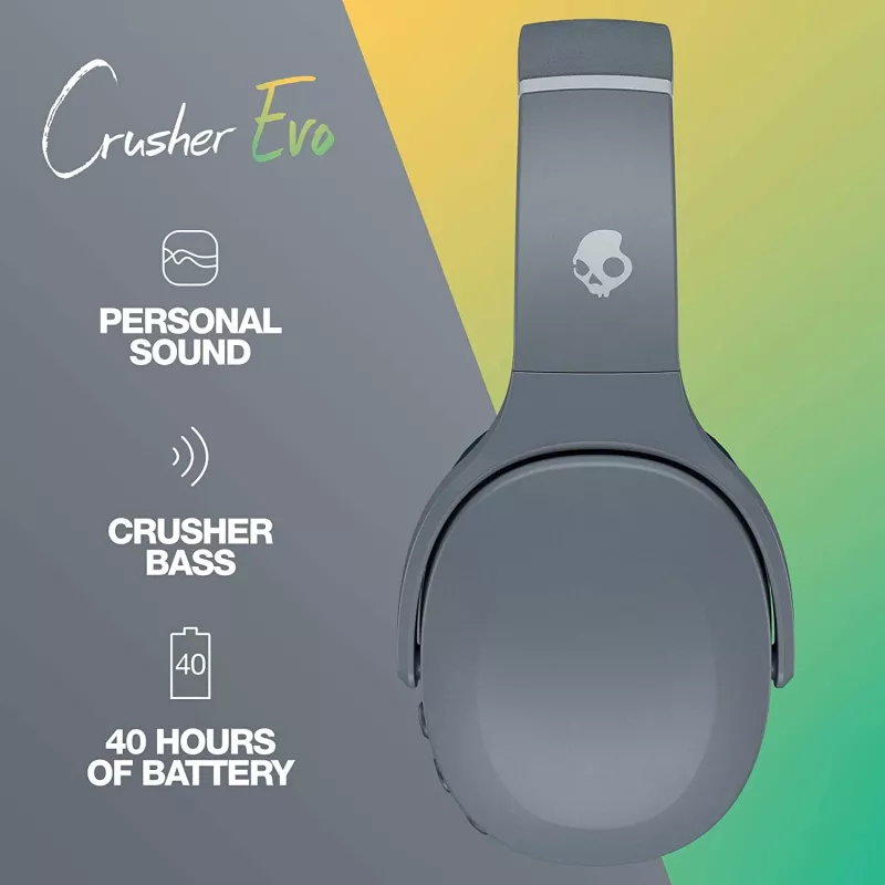 Ausinės Skullcandy Crusher Evo — laidinės ir Bluetooth, pilkos, 40 h atkūrimo, USB-C, AUX, sulankstomos