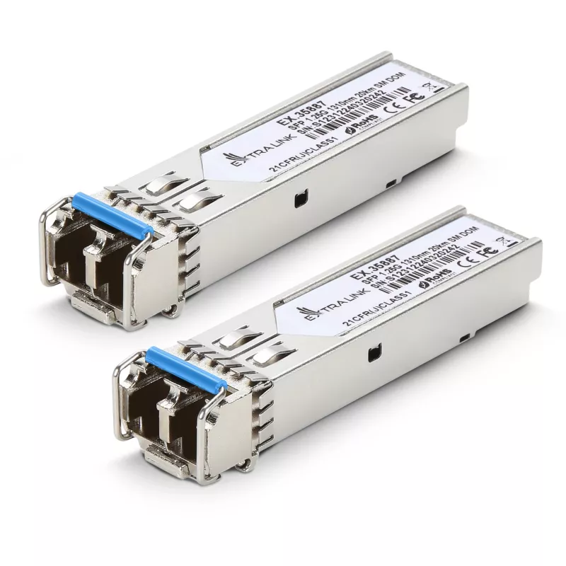 Extralink SFP 1,25G modulis, 2 vnt. pakuotėje, 1,25 Gbps, LC/UPC, 1310 nm, 20 km, vienmodis, DOM