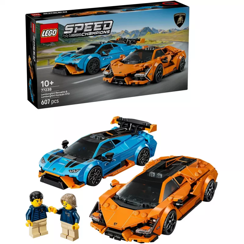 Konstruktorius LEGO Speed Champions rinkinys 77238 — Lamborghini Revuelto & Huracán STO, 607 dalys, 2 minifigūros, rekomenduojamas amžius 10+