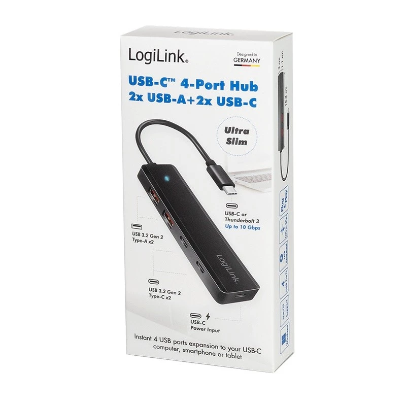Hub USB-C, 4-porty 2x USB-A,2xUSB-C, Juoda