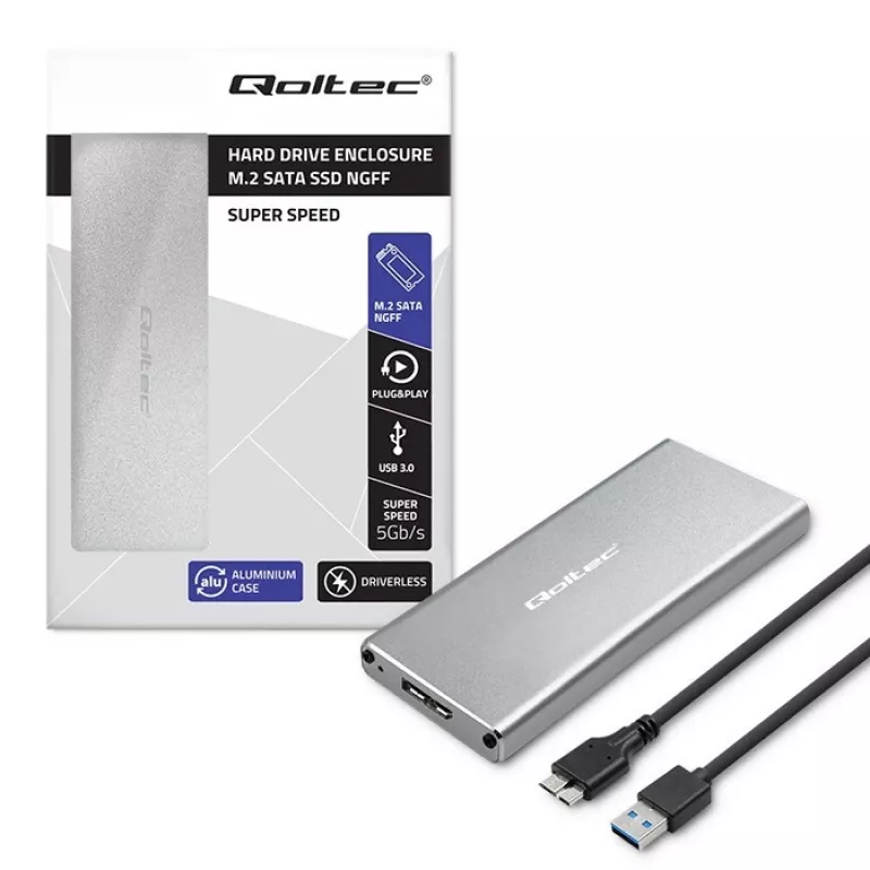 Aliuminio korpusas QOLTEC 51833, skirtas M.2 SSD, SATA į USB 3.0, palaiko iki 2TB