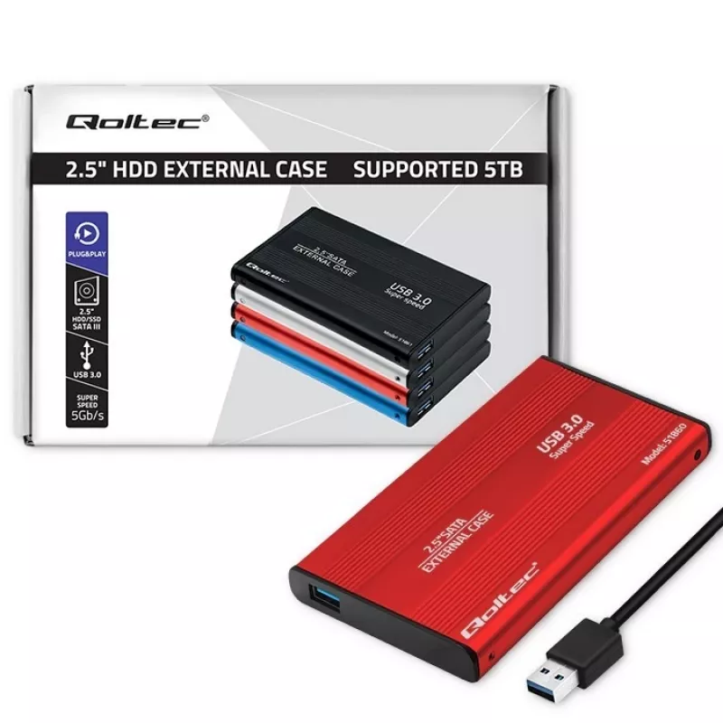 HDD/SSD dėklas QOLTEC 51860 2,5 colio SATA III diskams, USB Type-A, 5 Gbit/s, aliuminis, raudonas