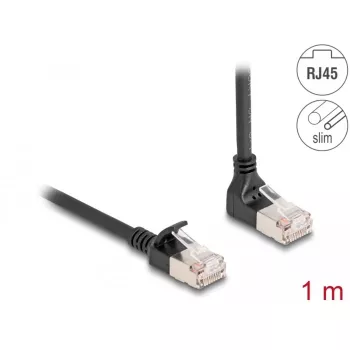 DeLOCK RJ45 tinklo kabelis Cat.6A S/FTP Plonas 90° į viršų kampuotas 1 m juodas