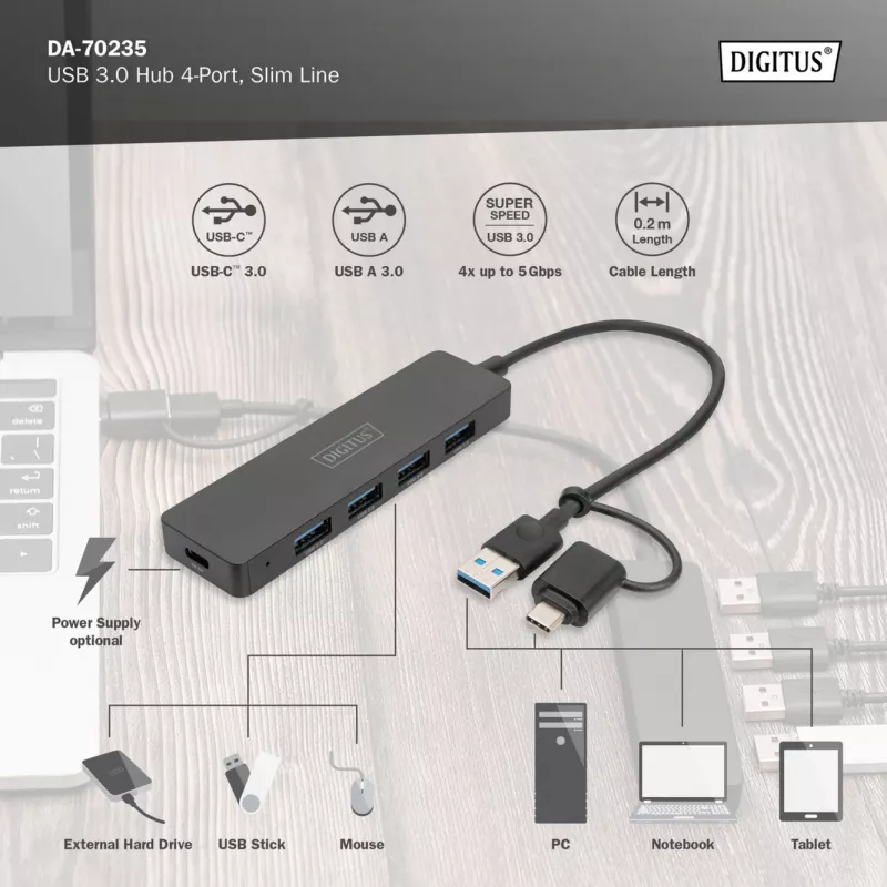 USB Hub, Digitus, DA-70235, 4 prievadų, USB 3.2 Gen 1, A tipo ir C tipo, 12000 Mbit/s