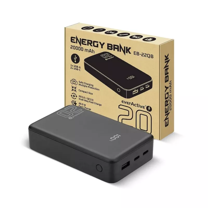 Išorinė baterija everActive EB-22QB 20 000 mAh, 2× USB-C 20 W, Quick Charge 4.0
