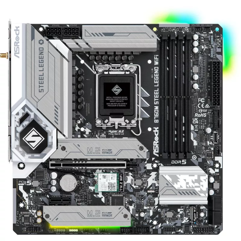Pagrindinė plokštė ASRock B760M Steel Legend WiFi — Intel B760, LGA 1700, mikro ATX, DDR5, 4 DIMM, 128 GB, Wi‑Fi 6E, 2,5 Gb LAN