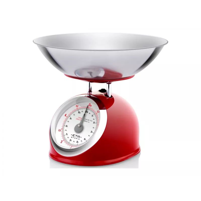 Mechaninė virtuvės svarstyklė ETA ETA577790030 — 5 kg talpa, 25 g tikslumas, nerūdijančio plieno viršus, baltas korpusas