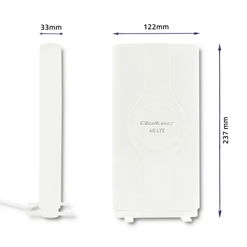 Įvairiakryptė antena QOLTEC 57013, 0,6–2,7 GHz, 30 dBi, vertikali poliarizacija, 50 Ω, baltas ABS korpusas