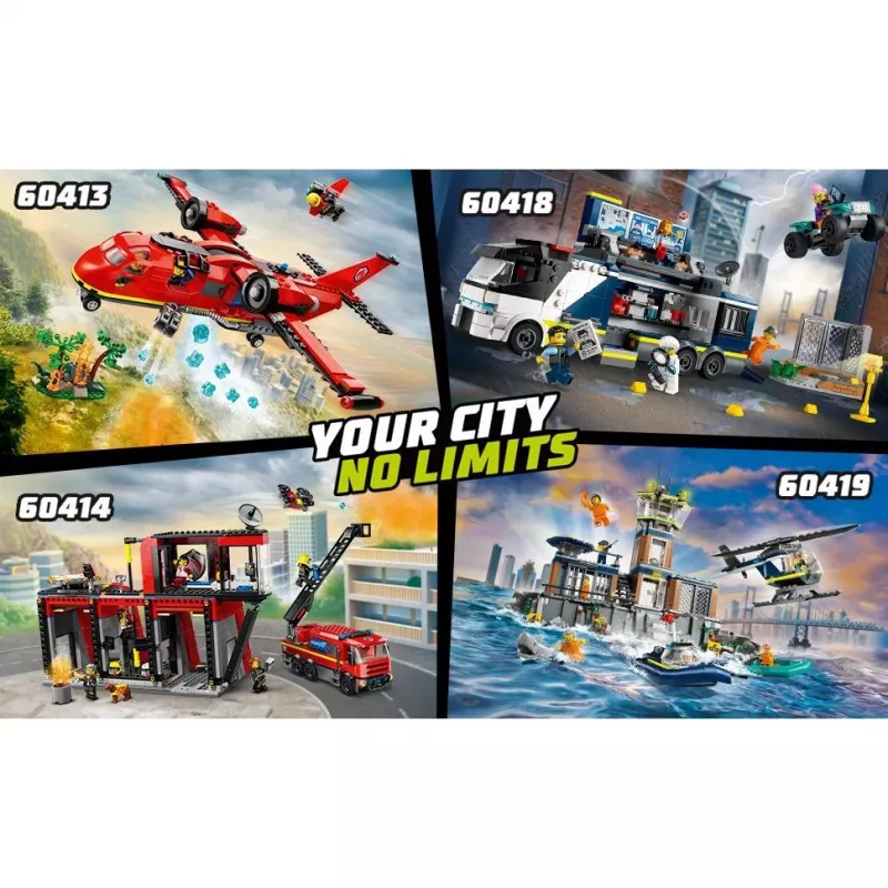 Konstruktorius LEGO City gaisrinė su sukiojamų kopėčių automobiliu 60414 — 843 detalės, 5 minifigūrėlės, 220×320×140 mm