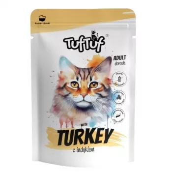 Drėgnas kačių ėdalas TufTuf turkiena 100 g pakelyje, visavertis suaugusių kačių pašaras, be grūdų, be glitimo