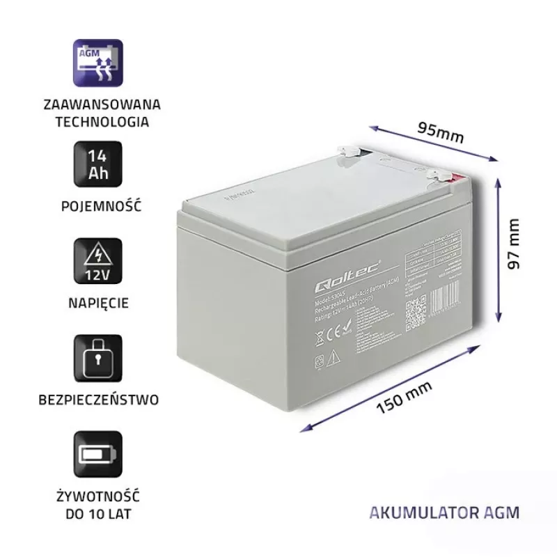 Qoltec 53045 AGM baterija 12V 14Ah
