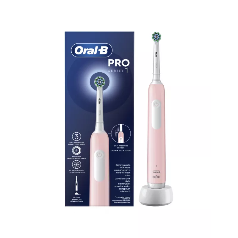 Oral-B Electric Toothbrush Pro Series 1 Cross Action suaugusiems, įkraunama, rožinė, 1 šepetėlio galvutė, 3 dantų valymo režimai